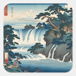 Adesivo Quadrado Hokusai Ukiyo-e Japan Waterfall Blue