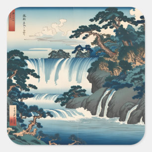 Adesivo Quadrado Hokusai Ukiyo-e Japan Waterfall Blue