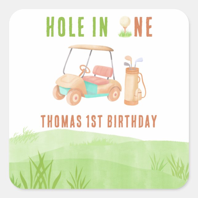 Adesivo Quadrado Hole In One First Birthday Party (Frente)