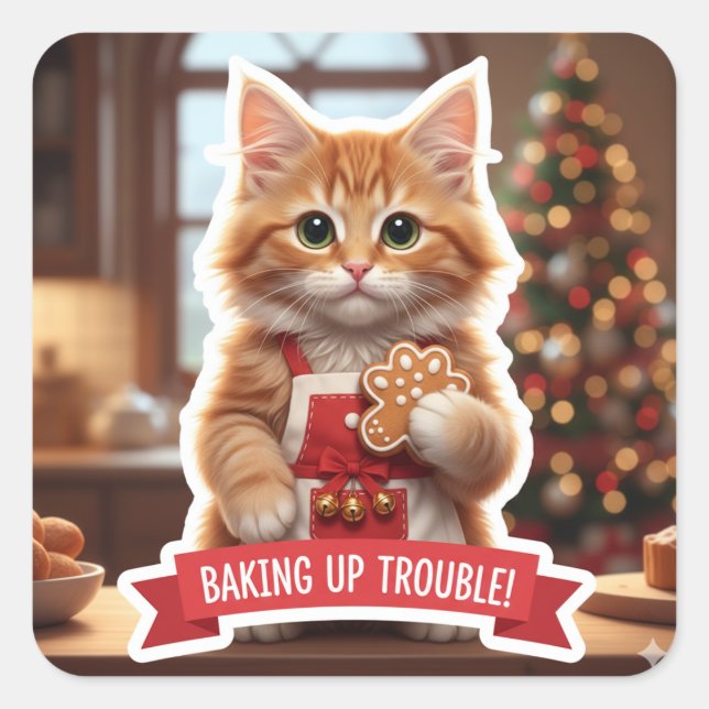 Adesivo Quadrado Holiday Chef Cat Sticker – Cute Kitten Baking  (Frente)