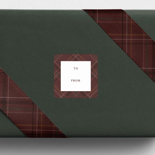 Adesivo Quadrado Holiday plaid maroon to and from Christmas gift (Criador carregado)