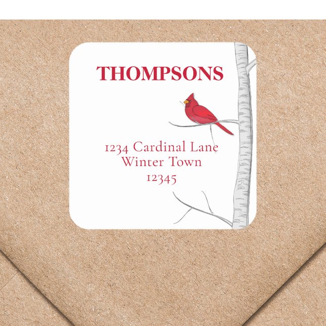 Adesivo Quadrado Holiday Red Cardinal Simple Winter Return Address (Simple winter red cardinal perched in a woodland birch tree. )