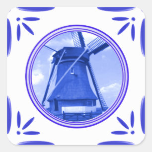 Adesivo Quadrado Holland Windmill Delft-Blue-Azulejo-Look Impresso