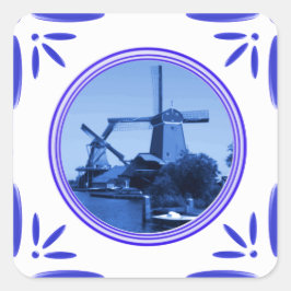 Adesivo Quadrado Holland Windmills Delft-Blue-Azulejo-Look Impresso