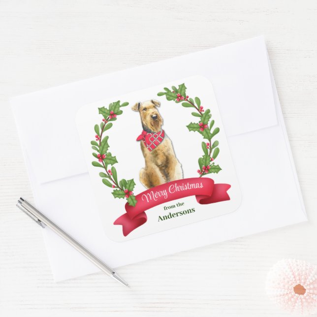 Adesivo Quadrado Holly Banner Airedale Terrier Dog Natal (Envelope)