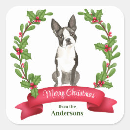 Adesivo Quadrado Holly Banner Boston Terrier Dog Natal