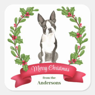 Adesivo Quadrado Holly Banner Boston Terrier Dog Natal