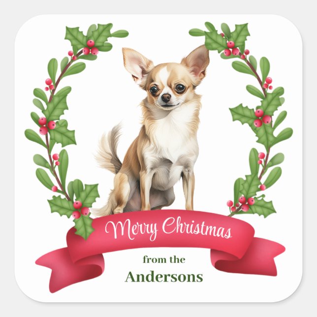 Adesivo Quadrado Holly Banner Brown White Chihuahua Dog Natal (Frente)