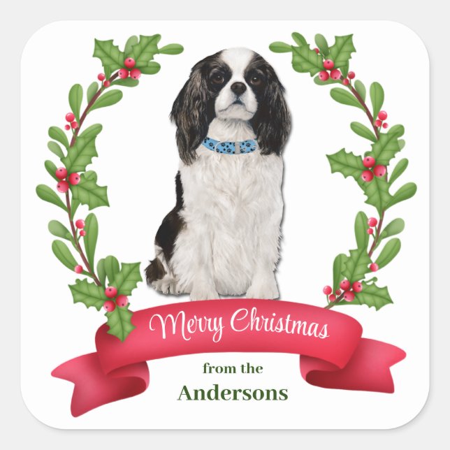 Adesivo Quadrado Holly Banner Cavalier King Charles Spaniel Holiday (Frente)