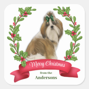 Adesivo Quadrado Holly Banner Shih Tzu Dog Natal