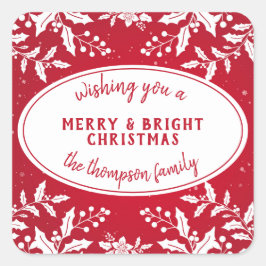 Adesivo Quadrado Holly de Natal com o Nome da Família