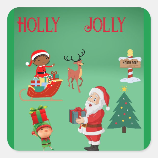ADESIVO QUADRADO  HOLLY JOLLY SANTA AND ELVES CHRISTMAS  (Frente)