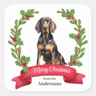 Adesivo Quadrado Holly Wreath Black Tan Coonhound Natal