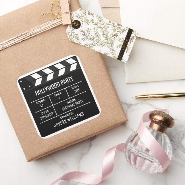 Adesivo Quadrado Hollywood Party Stickers, Custom Birthday (Presentear)