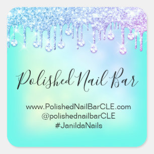 Adesivo Quadrado Holográfico Azul Diamante Gotas de Unha Rosa