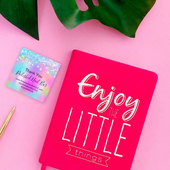 Adesivo Quadrado Holográfico Obrigado Diamond Drives Nail Pink (Holographic Thank You Diamond Drips Nail Pink Square Sticker)