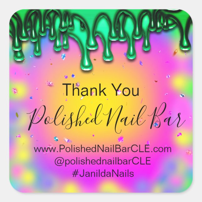 Adesivo Quadrado Hológrafo Obrigado Boutique Dripe Verde Rosa Quent (Frente)