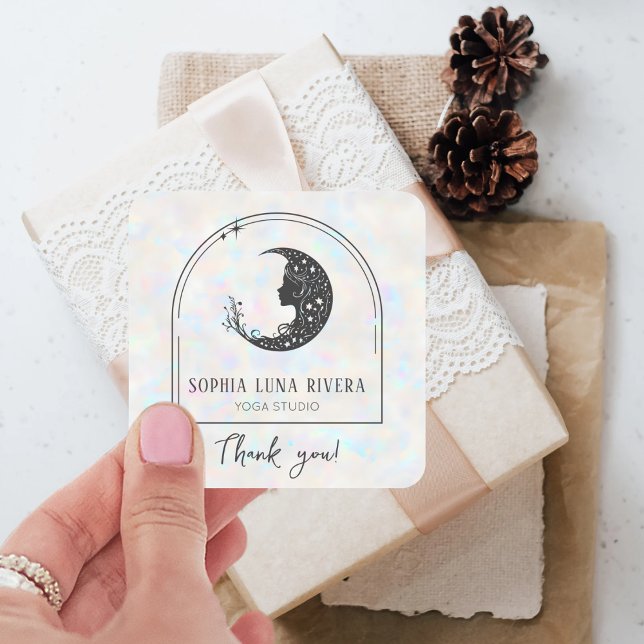 Adesivo Quadrado Holographic Boho Arch Celestial Crescent Moon (Holographic Boho Arch Celestial Crescent Moon Square Sticker)