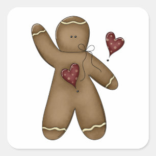 Adesivo Quadrado Homem de Biscoito de Natal Acenando com Corações d