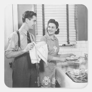 Adesivo Quadrado Homem e mulher lavando pratos