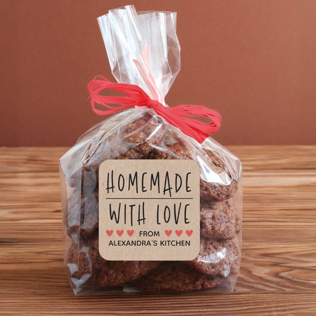 Adesivo Quadrado Homemada Personalizada Kraft Com Amor (A cute Homemade with love sticker. Wonderful for Valentine's Day, or for any occasion.)