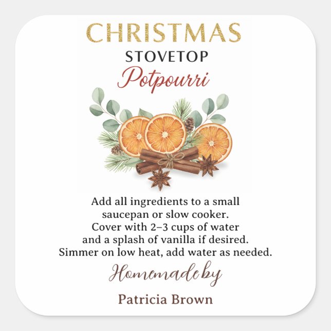 Adesivo Quadrado Homemade Christmas Stovetop Potpourri Sticker Labe (Frente)