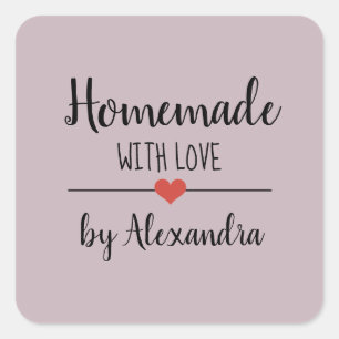 Adesivo Quadrado Homemade com amor, script roxo leve personalizado 