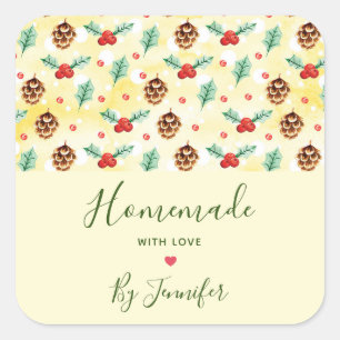 Adesivo Quadrado Homemade com Pinheiros de Amor e Padrão Holly