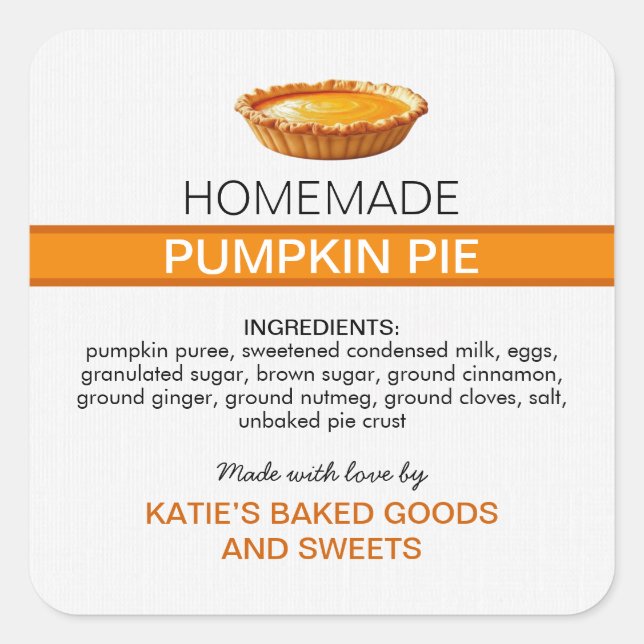 Adesivo Quadrado Homemade Pumpkin Pie Label | Fall Baking Sticker (Frente)