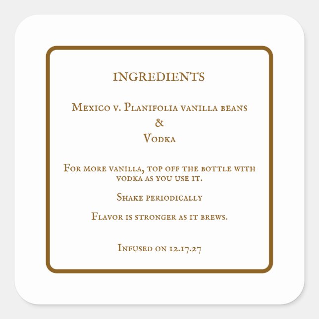 Adesivo Quadrado Homemade Vanilla Extract Bottle Ingredients Labels (Frente)