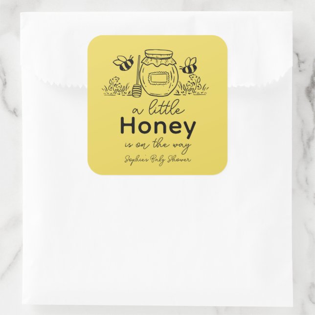 Adesivo Quadrado Honey Hand-drawn Jar & Bees Yellow Baby Shower (Bolsa)