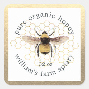 Adesivo Quadrado Honey Jar Label Honeybee Apiary Honeycomb Dourado