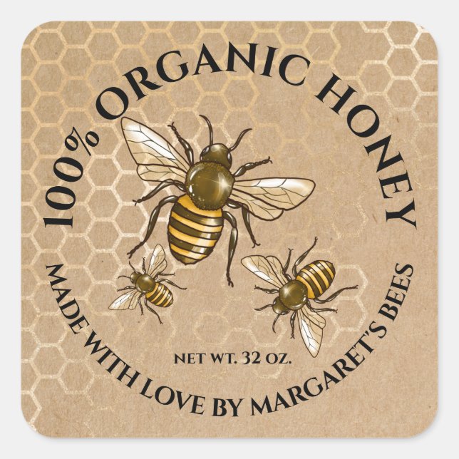 Adesivo Quadrado Honey Jar Labels Honeybee Honeycomb Bebê (Frente)