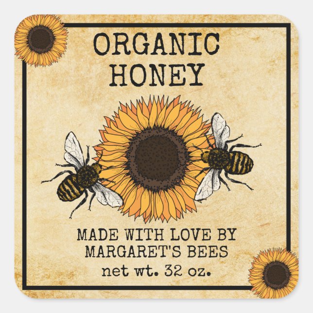 Adesivo Quadrado Honey Jar Labels Honeybee Honeycomb Bee Apiary (Frente)