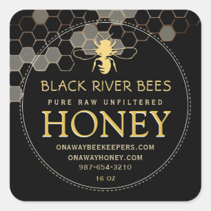 Adesivo Quadrado Honeycomb & Bebê Raw Raw Rótulo de Mel Preto