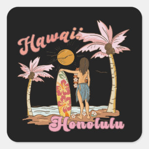 Adesivo Quadrado Honolulu Havaí Retro Surf Praia Tropical