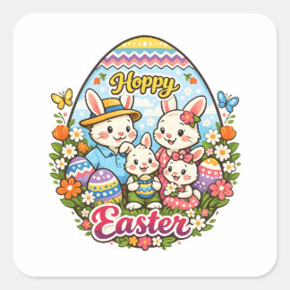 Adesivo Quadrado Hoppy Easter Colorful Cartoon Bunny Family Graphic