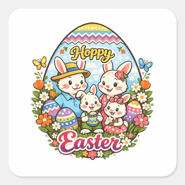 Adesivo Quadrado Hoppy Easter Colorful Cartoon Bunny Family Graphic (Frente)