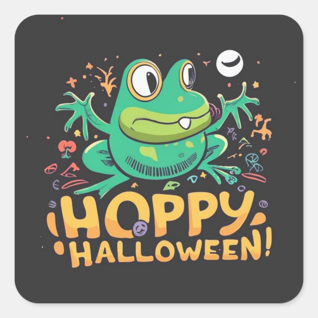 Adesivo Quadrado Hoppy Halloween, Adorável Sapo de Cartoon Bonito (Frente)