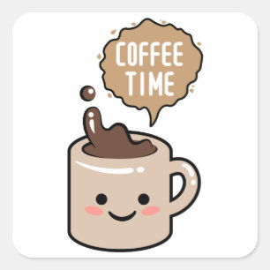 Adesivo Quadrado hora do café ilustração de xícara de café kawaii