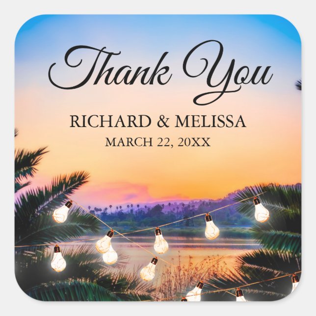 Adesivo Quadrado Horário Tropical Beach Sunset Casamento Obrigado (Frente)