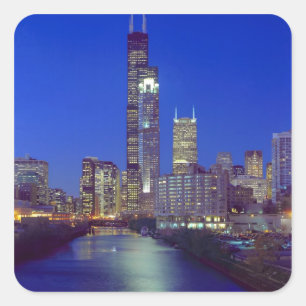 Adesivo Quadrado Horizonte de Chicago, Illinois, à noite com Chicag