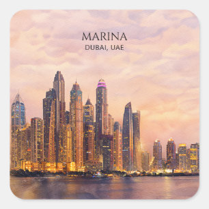 Adesivo Quadrado Horizonte de Dubai Marina Aquarela Luzes da Cidade