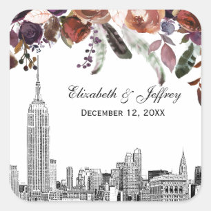 Adesivo Quadrado Horizonte de NYC ESB Etch Vinho Floral Casamento