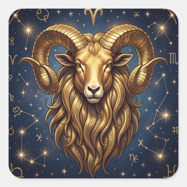 Adesivo Quadrado Horoscope Sign Aries Golden Ram and Stars (Frente)