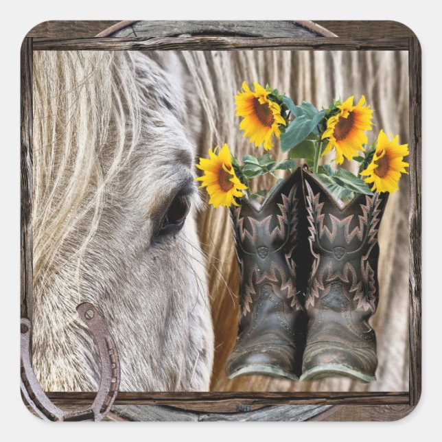 Adesivo Quadrado Horse Cowboy Boots Girassóis Flores Solares Ferrad (Frente)