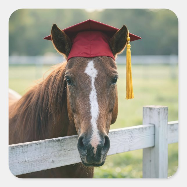 Adesivo Quadrado Horse Wearing a Red Graduation Cap (Frente)