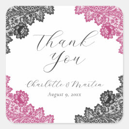Adesivo Quadrado Hot Pink and Black Floral Lace Wedding Thank You