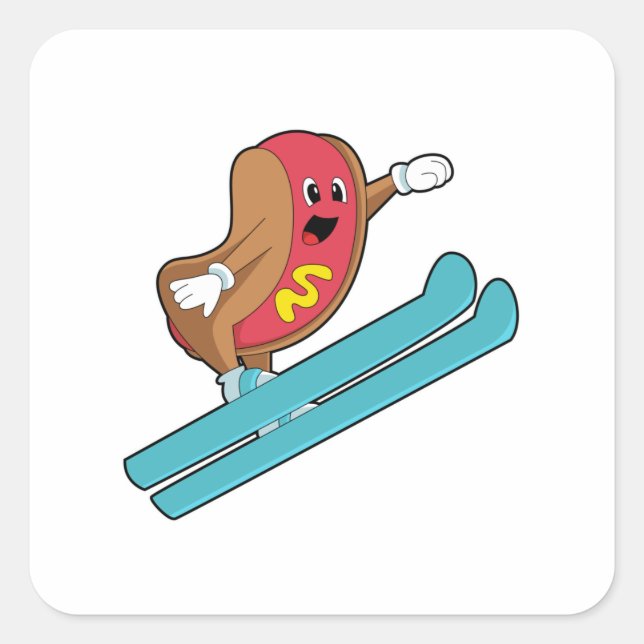 Adesivo Quadrado Hotdog como saltador de Esqui com Ski.PNG (Frente)