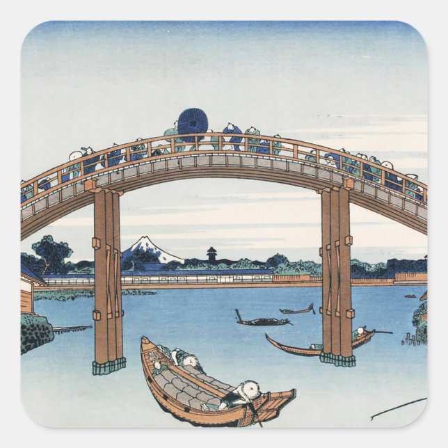 Adesivo Quadrado Housai Monte Fuji visto de baixo da ponte masculin (Frente)